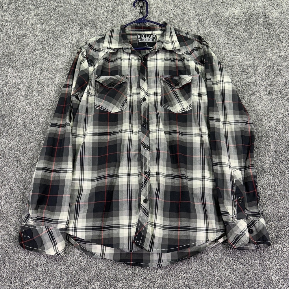 Reclaim Shirt Mens Large Gray Plaid Long Sleeve Button Up Athletic Fit Casual